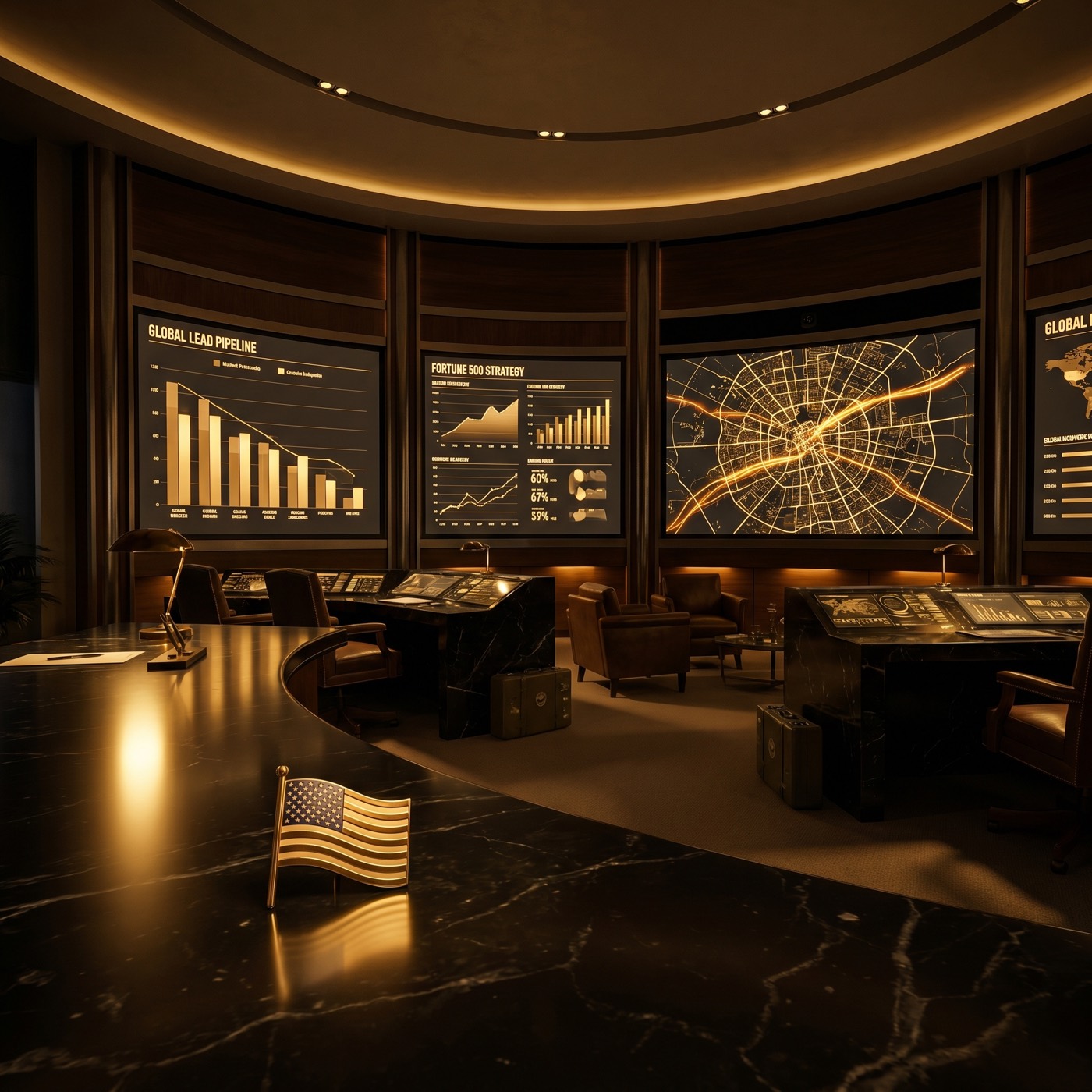 Gold-lit command center with live data dashboards and an American flag